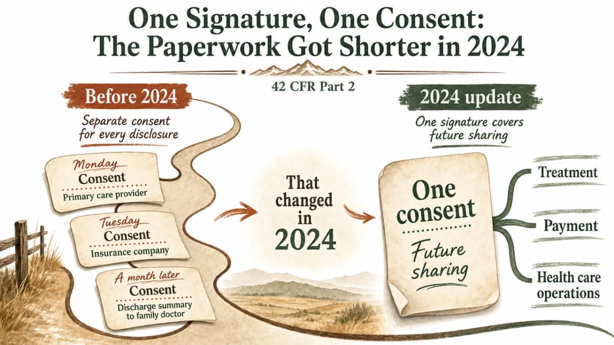 Show a before/after comparison of the pre-2024 repeat-consent model versus the 2024 single-consent model under 42 CFR Part 2, directly supporting the section's explanation of the rule change