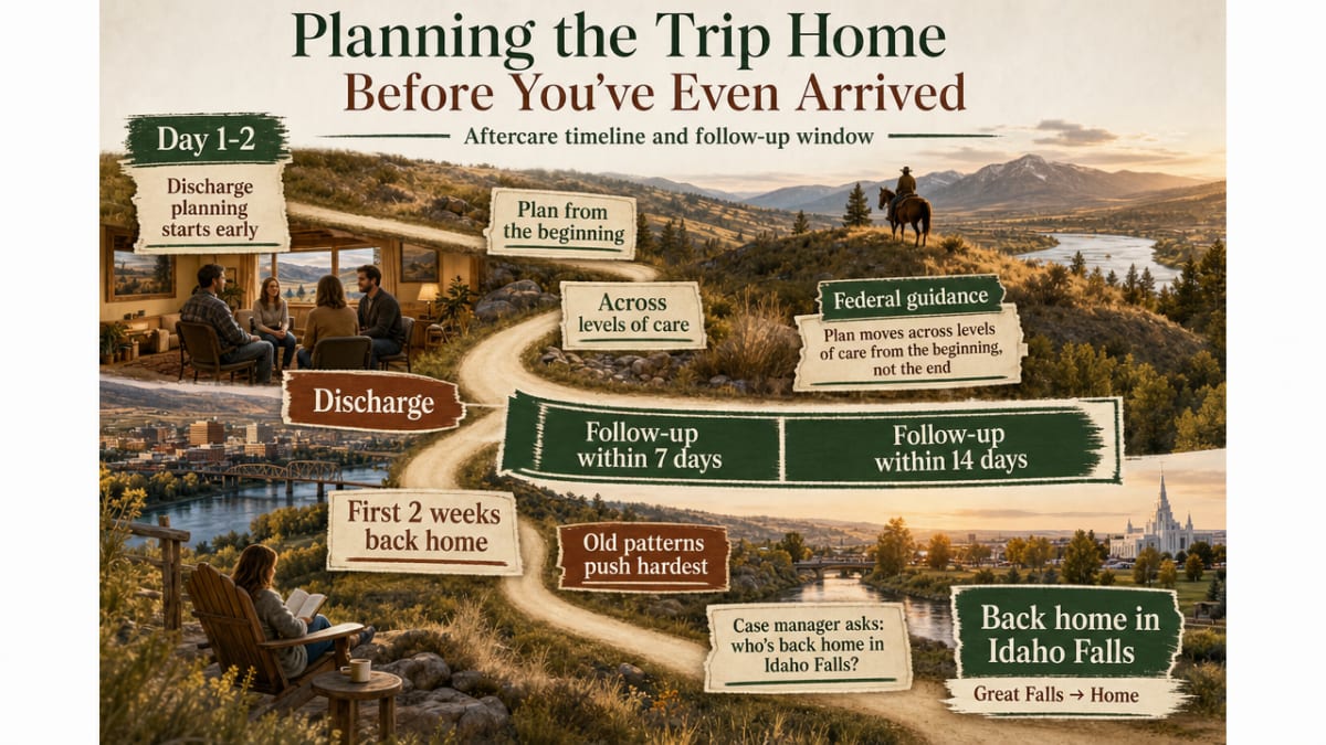Illustrate the aftercare timeline and the 7-to-14-day follow-up window cited from SAMHSA, directly supporting the section's discussion of discharge planning quality measures