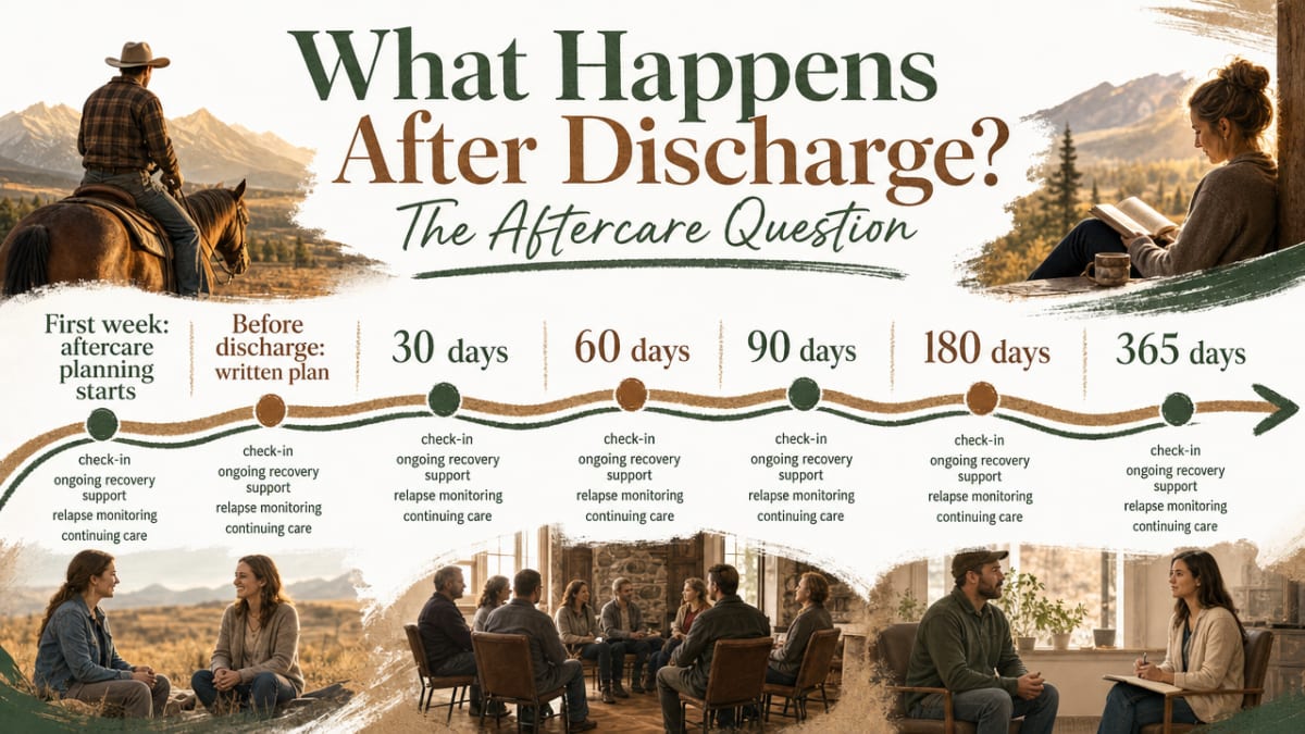 Illustrate the structured continuing-care timeline (30/60/90/180/365-day check-ins) described in this section as a concrete example of what a real aftercare plan looks like