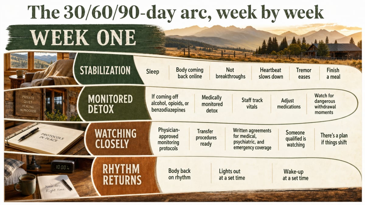 Visualize the article's explicit week-by-week residential treatment arc so readers can see the progression from stabilization to reentry at a glance
