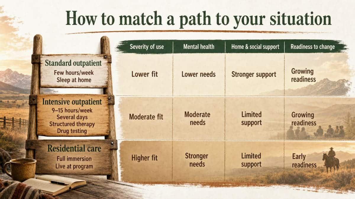 Illustrate the treatment-matching framework cited in this section: three levels of care mapped against four patient-side variables