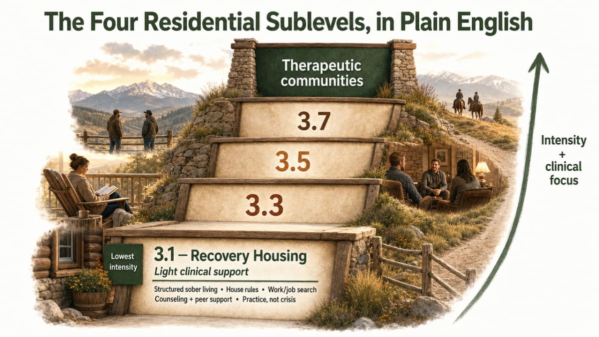 Visualize the four ASAM residential sublevels as a graded ladder, matching the section's explicit framework of 3.1, 3.3, 3.5, and 3.7 plus therapeutic communities, showing intensity and clinical focus differences described in the prose