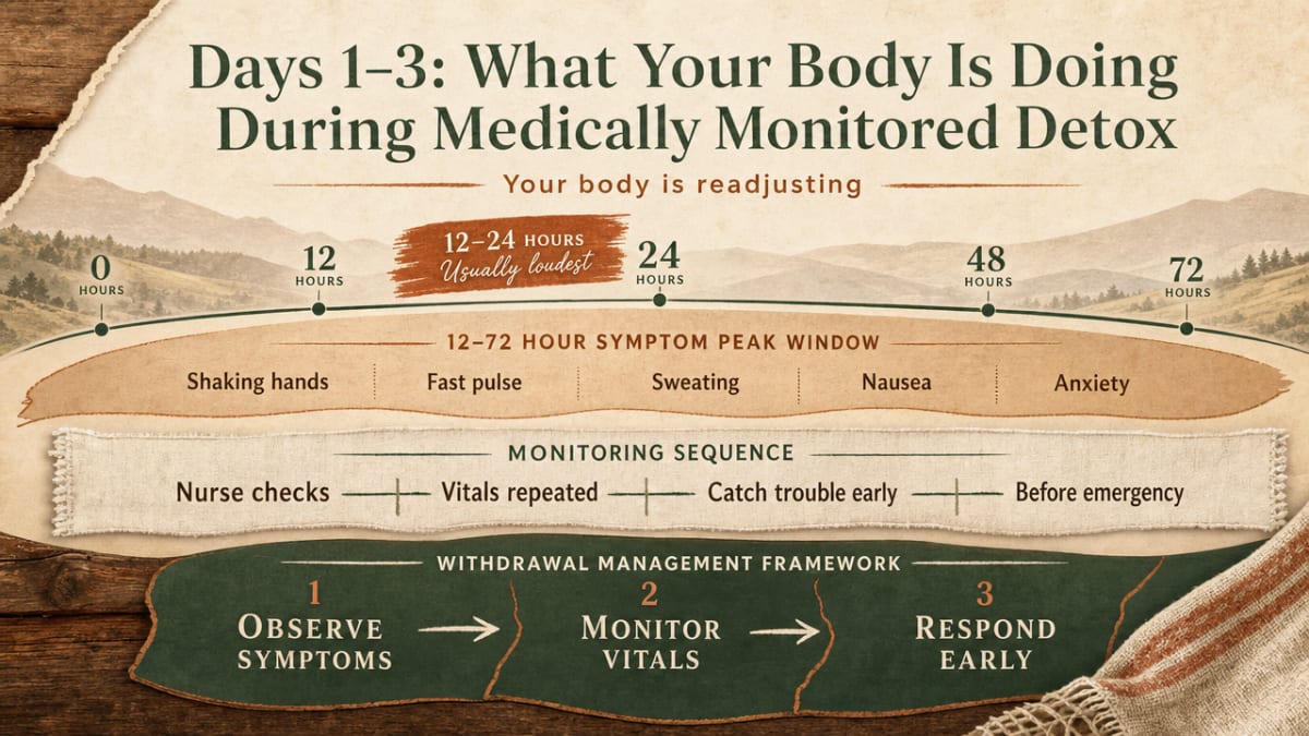 Visualize the cited three-goal withdrawal management framework and the 12-72 hour symptom peak window discussed in this section