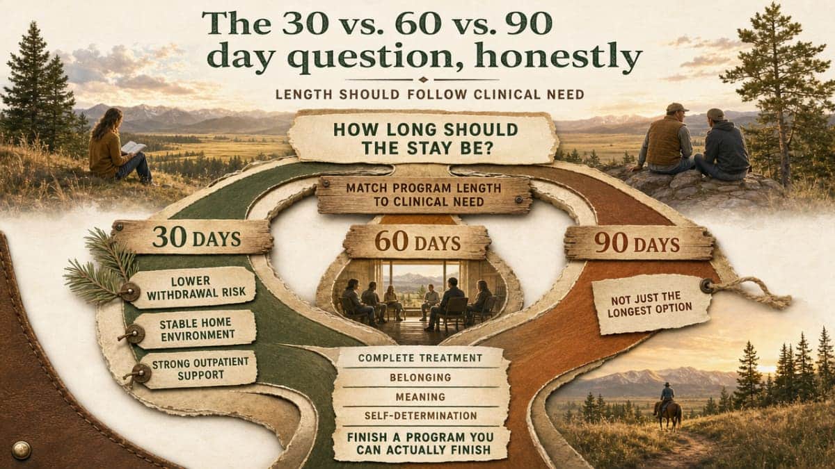 Visualize the decision framework for matching residential program length to clinical need, directly supporting the section's comparison of 30/60/90-day stays